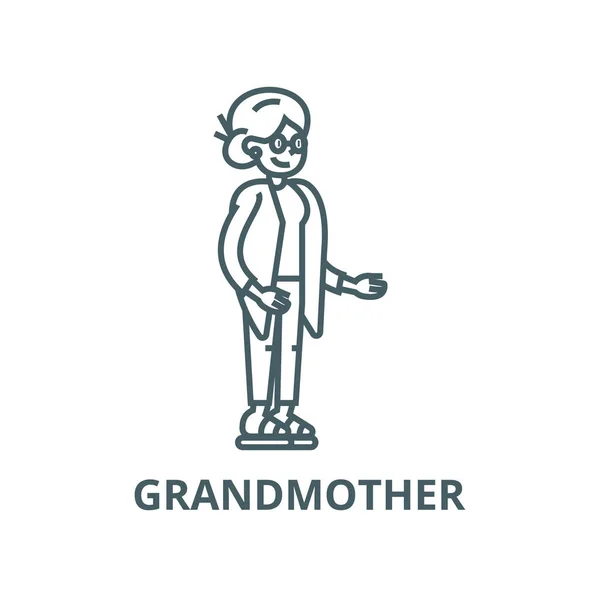 Wanita tua, ikon garis nenek, vektor. Wanita tua, nenek menguraikan tanda, konsep simbol, ilustrasi datar - Stok Vektor