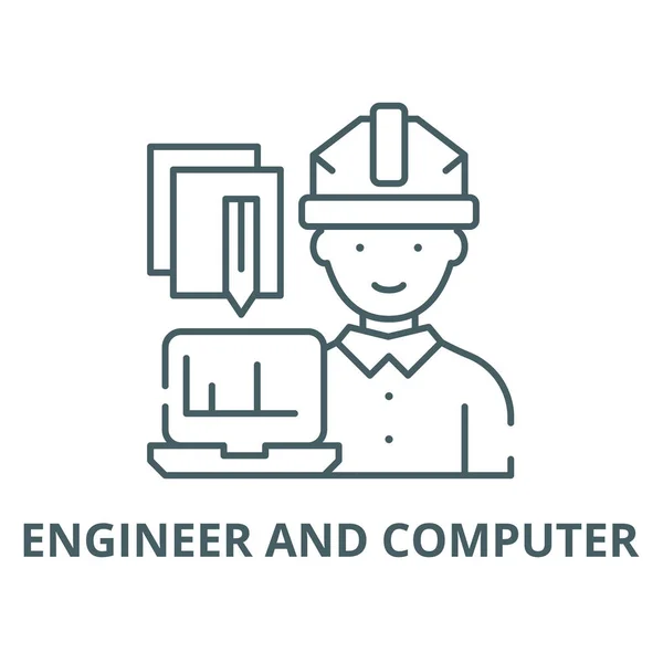 Engineer and computer line icon, vector. Engineer and computer outline sign, concept symbol, flat illustration — Stock Vector