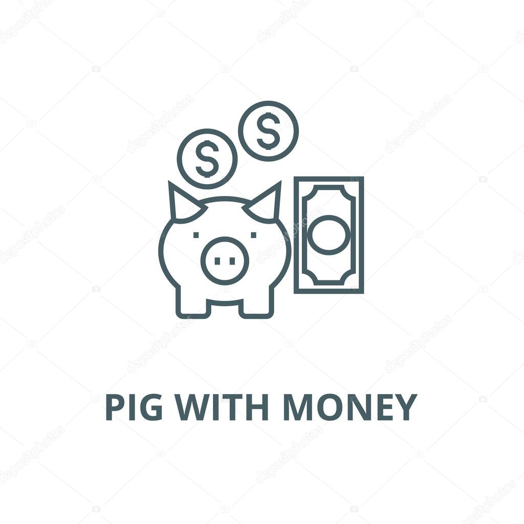 Deposit insurance,pig with money line icon, vector. Deposit insurance,pig with money outline sign, concept symbol, flat illustration