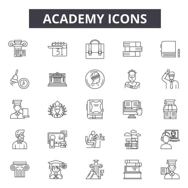 Iconos de línea de la academia, letreros, vector. Ilustración del concepto del esquema de la academia: academia, universidad, educación, graduación, conocimiento, estudiante, escuela, estudio — Archivo Imágenes Vectoriales