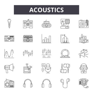 Akustik çizgi simgeleri, işaretler seti, vektör. Akustik anahat kavramı, illüstrasyon: ses, akustik, ses, müzik, ses, tasarım
