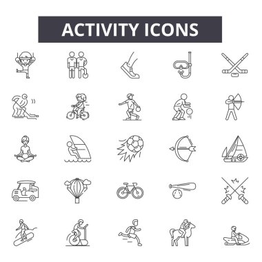Etkinlik çizgisi simgeleri, işaretler kümesi, vektör. Aktivite anahat kavramı, illüstrasyon: aktivite, spor, adam