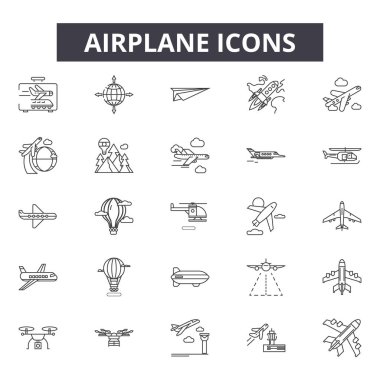 Uçak hattı simgeleri, işaretler seti, vektör. Uçak anahat kavramı, illüstrasyon: uçak, uçak, seyahat, deaircraft, izole