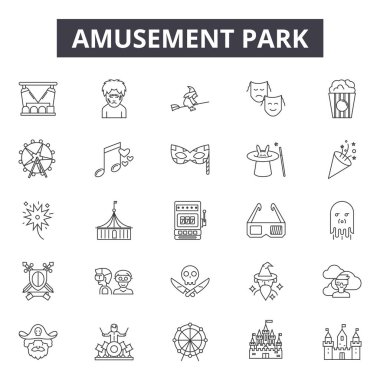Lunapark hattı simgeleri, işaretler seti, vektör. Eğlence parkı anahat kavramı, illüstrasyon: park, eğlence, eğlence, eğlence, sirk, funfair, atlıkarınca