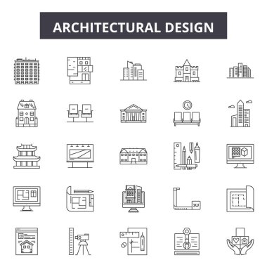 Archtectural tasarım çizgisi simgeleri, işaretler seti, vektör. Archtectural tasarım anahat kavramı, illüstrasyon: deelement, arka plan, sanat, izole, hizmet, turizm