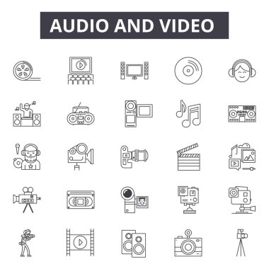 Ses düzenleme hattı simgeleri, işaretler seti, vektör. Ses düzenleme anahat kavramı, illüstrasyon: ses, müzik, ses, video, web, medya, mikrofon