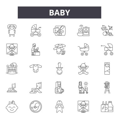 Bebek çizgi simgeleri, işaretler seti, vektör. Bebek anahat kavramı, illüstrasyon: bebek, çocuk, çocuk, oyuncak, çocuk, yatak