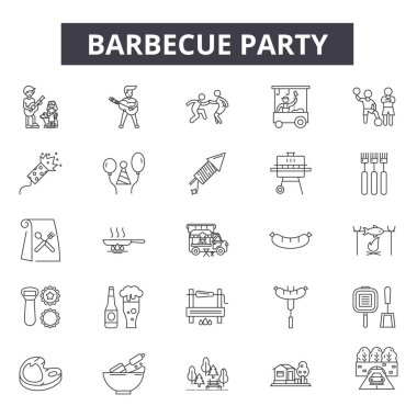 Barbekü parti hattı simgeleri, işaretler seti, vektör. Barbekü parti anahat kavramı, illüstrasyon: parti, barbekü, ızgara, gıda, barbekü, desteak