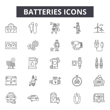 Piller satır simgeleri, işaretler seti, vektör. Piller anahat kavramı, illüstrasyon: enerji, pil, güç, elektrik, şarj