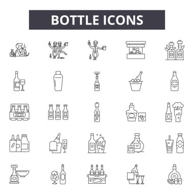Şişe çizgisi simgeleri, işaretler seti, vektör. Şişe anahat kavramı, illüstrasyon: şişe, izole, içecek, içecek, konteyner