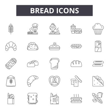 Ekmek hattı simgeleri, işaretler seti, vektör. Ekmek anahat kavramı, illüstrasyon: ekmek, gıda, fırın, tost, somun, izole, buğday