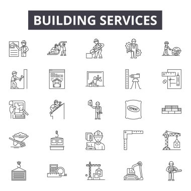 Bina hizmetleri hattı simgeleri, işaretler seti, vektör. Bina hizmetleri anahat kavramı, illüstrasyon: bina, hizmet, iş, çekiç, anahtar, inşaat
