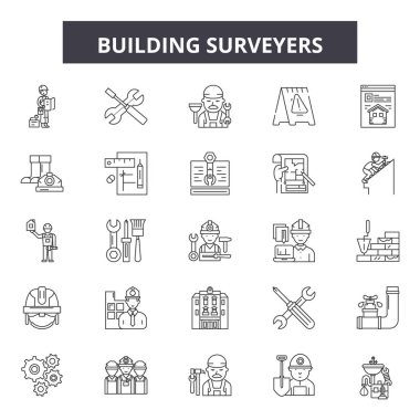 Bina eksperleri satır simgeleri, işaretler seti, vektör. Bina eksperleri anahat kavramı, illüstrasyon: bina, ekspertaz, mühendislik, ekipman, mühendis, inşaat, sanayi
