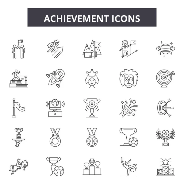 Iconos de línea de logro, conjunto de signos, vector. Concepto del esquema del logro, ilustración: logro, éxito, triunfo, victoria, ganador, premio — Vector de stock