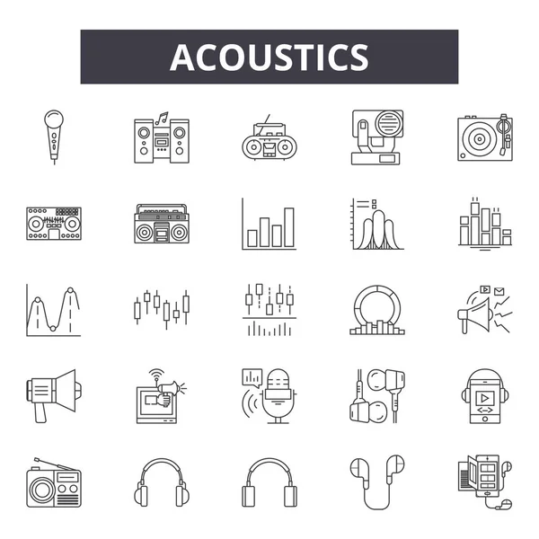 Akustik-Liniensymbole, Zeichen gesetzt, Vektor. Akustik skizziert Konzept, Illustration: Klang, Akustik, Audio, Musik, Volumen, Design — Stockvektor