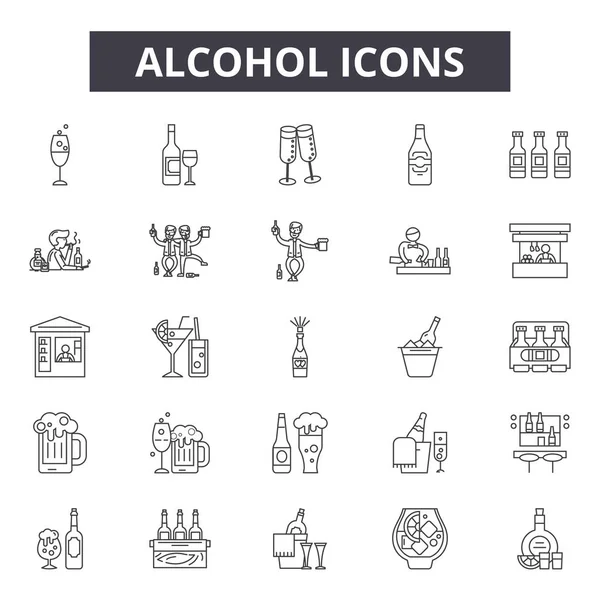 Iconos de línea de alcohol, signos establecidos, vector. Concepto de esquema de alcohol, ilustración: vidrio, alcohol, vino, bebida, botella, bebida, aislado — Vector de stock