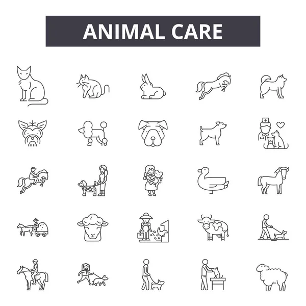 Iconos de línea de cuidado animal, conjunto de signos, vector. Esquema de cuidado animal concepto, ilustración: cuidado, animal, perro, mascota, gato — Vector de stock