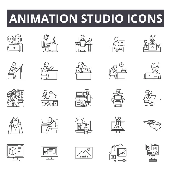 Animationsstudio Liniensymbole, Zeichen gesetzt, Vektor. Animationsstudio skizziert Konzept, Illustration: Animation, Studio, Video, Defilm, Kamera, flach, digital — Stockvektor