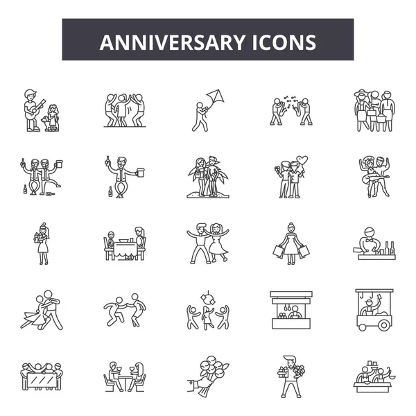 Anniversary line icons, signs set, vector. Anniversary outline concept, illustration: anniversary,celebration,birthday,decoration,design — Stock Vector