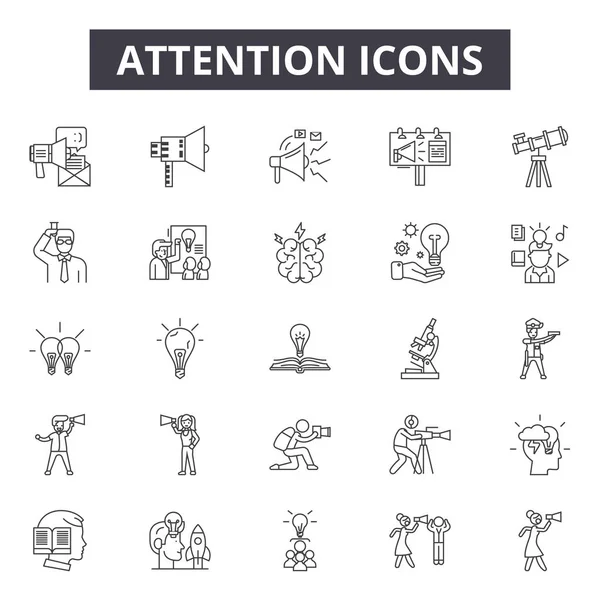 Iconos de línea de atención, signos establecidos, vector. Concepto del esquema de la atención, ilustración: atención, precaución, exclamación, marca, peligro — Vector de stock