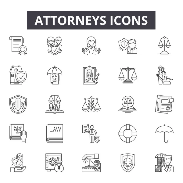 Advokater linje ikoner, skyltar, vektor. Advokater Outline koncept, illustration: lag, advokat, domstol, advokat, rättvisa, domare, juridiska, brottslighet — Stock vektor