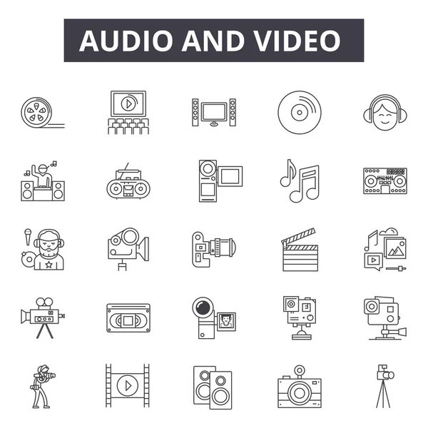 Icônes de ligne d'édition audio, ensemble de signes, vecteur. Conception de contour de montage audio, illustration : audio, musique, son, vidéo, web, médias, microphone — Image vectorielle