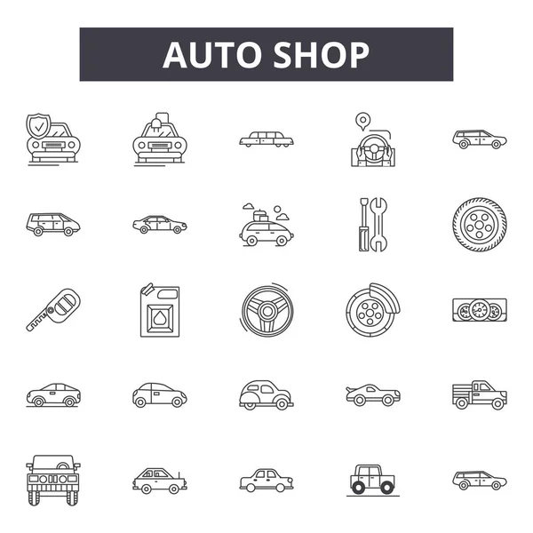 Auto Shop lijn iconen, borden set, Vector. Autoshop outline concept, illustratie: auto, automatische, service, winkel, reparatie, ontwerp — Stockvector