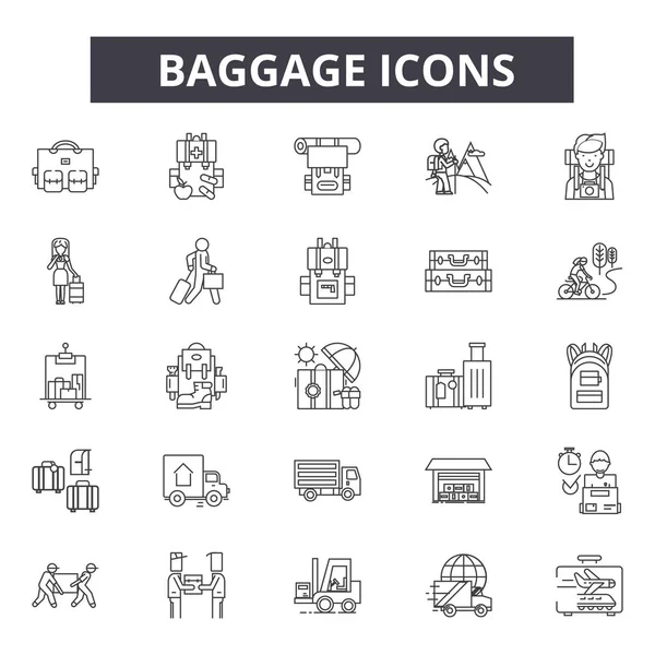 Iconos de línea de equipaje, letreros, vector. Concepto de esquema de equipaje, ilustración: maleta, equipaje, equipaje, viaje, bolsa — Vector de stock