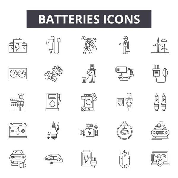 Baterías línea de iconos, signos de conjunto, vector. Concepto de esquema de baterías, ilustración: energía, batería, energía, electricidad, carga — Vector de stock