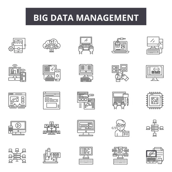 Big-Data-Management-Zeilensymbole, Zeichen gesetzt, Vektor. Big Data Management Skizzenkonzept, Illustration: Information, Business, Daten, Technologie, Analyse, Computer, Analytik, Management, Netzwerk — Stockvektor