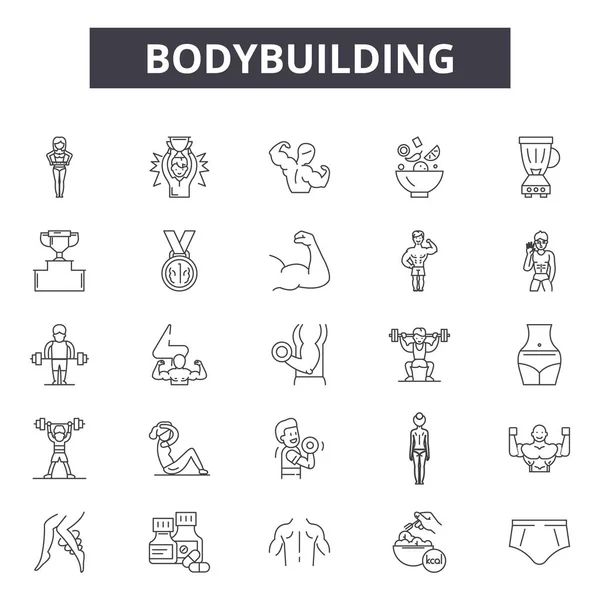 Bodybuilding line icons, signs set, vector. Bodybuilding outline concept, illustration: gym,fitness,healthy,exercise,bodybuilding,sport,muscle,health — Stock Vector