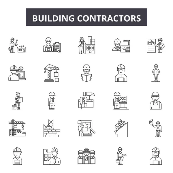 Empreiteiros de construção ícones de linha, conjunto de sinais, vetor. Empreiteiros de construção esboço conceito, ilustração: construção, construção, empreiteiro, trabalhador, equipamento, capacete, conjunto —  Vetores de Stock