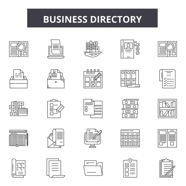 Icônes de ligne d'annuaire d'affaires, ensemble de signes, vecteur. Business directory outline concept, illustration : entreprise, annuaire, téléphone, annuaire, page, téléphone — Image vectorielle