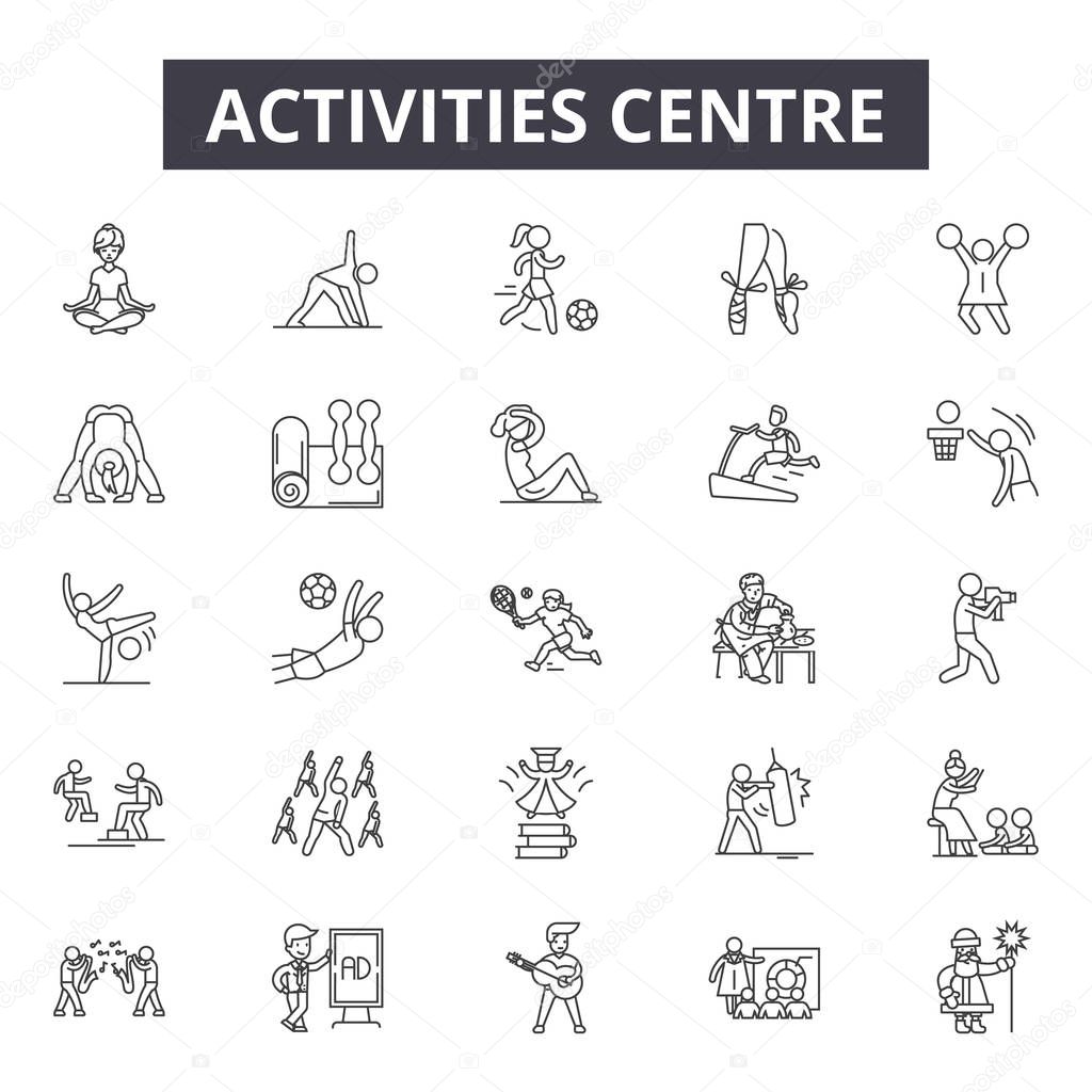 Activities centre line icons, signs set, vector. Activities centre outline concept, illustration: center,activity,health,sport,equipment,gym,exercise,fitness