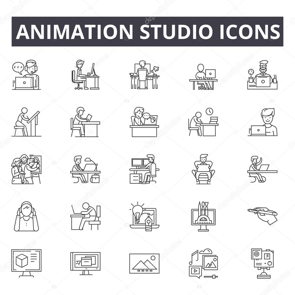 Iconos de línea de estudio de animación, conjunto de signos, vector