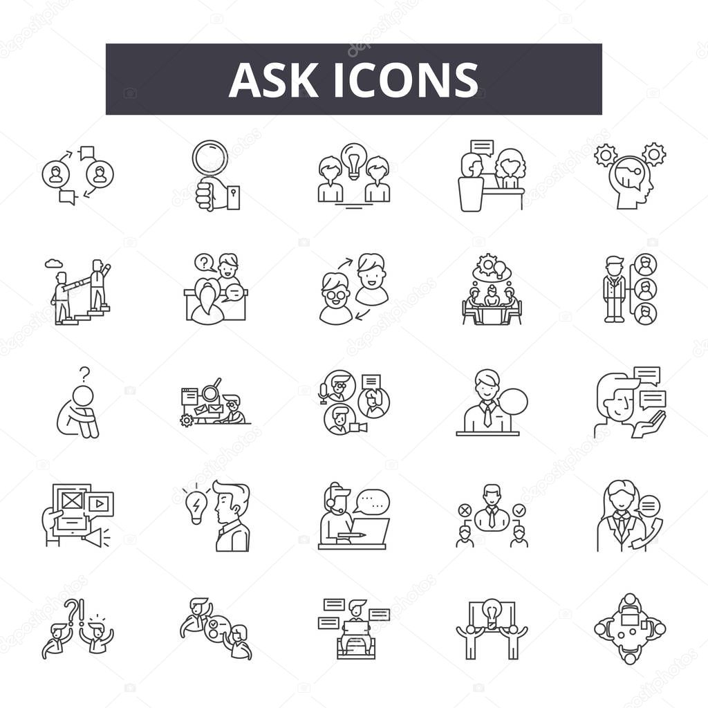 Ask line icons, signs set, vector. Ask outline concept, illustration: help,ask,faq,flat,question