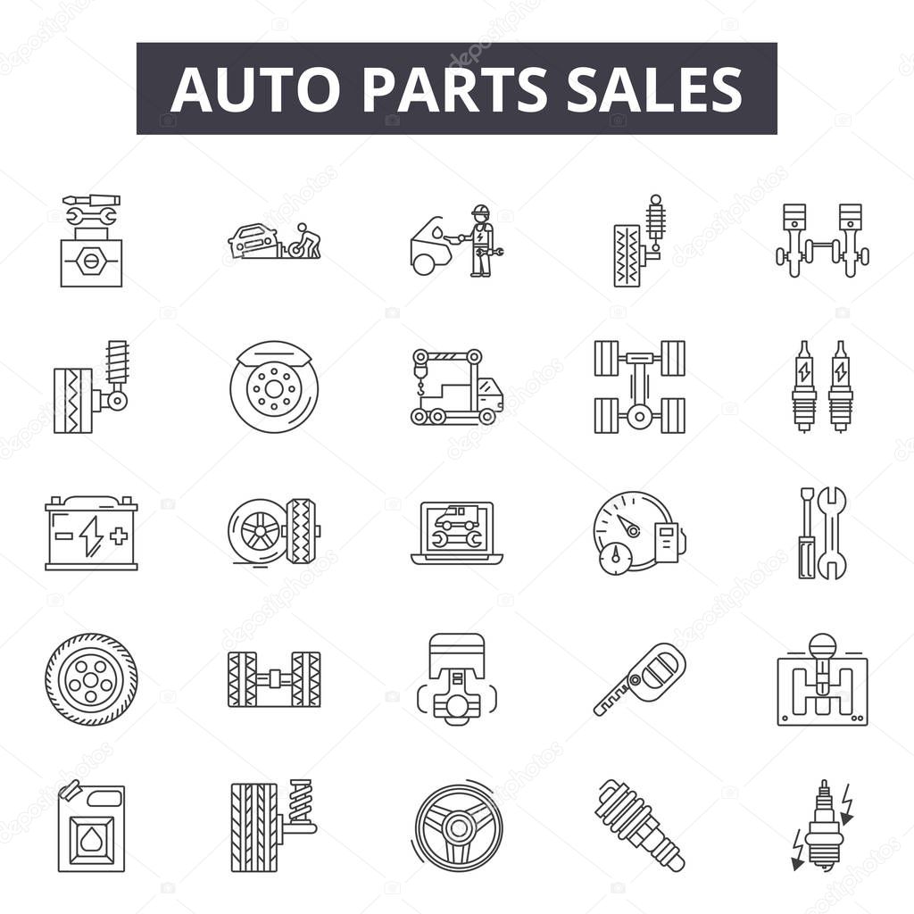Auto parts sales line icons, signs set, vector. Auto parts sales outline concept illustration: auto,car,service,sale,wheel,vehicle,repair
