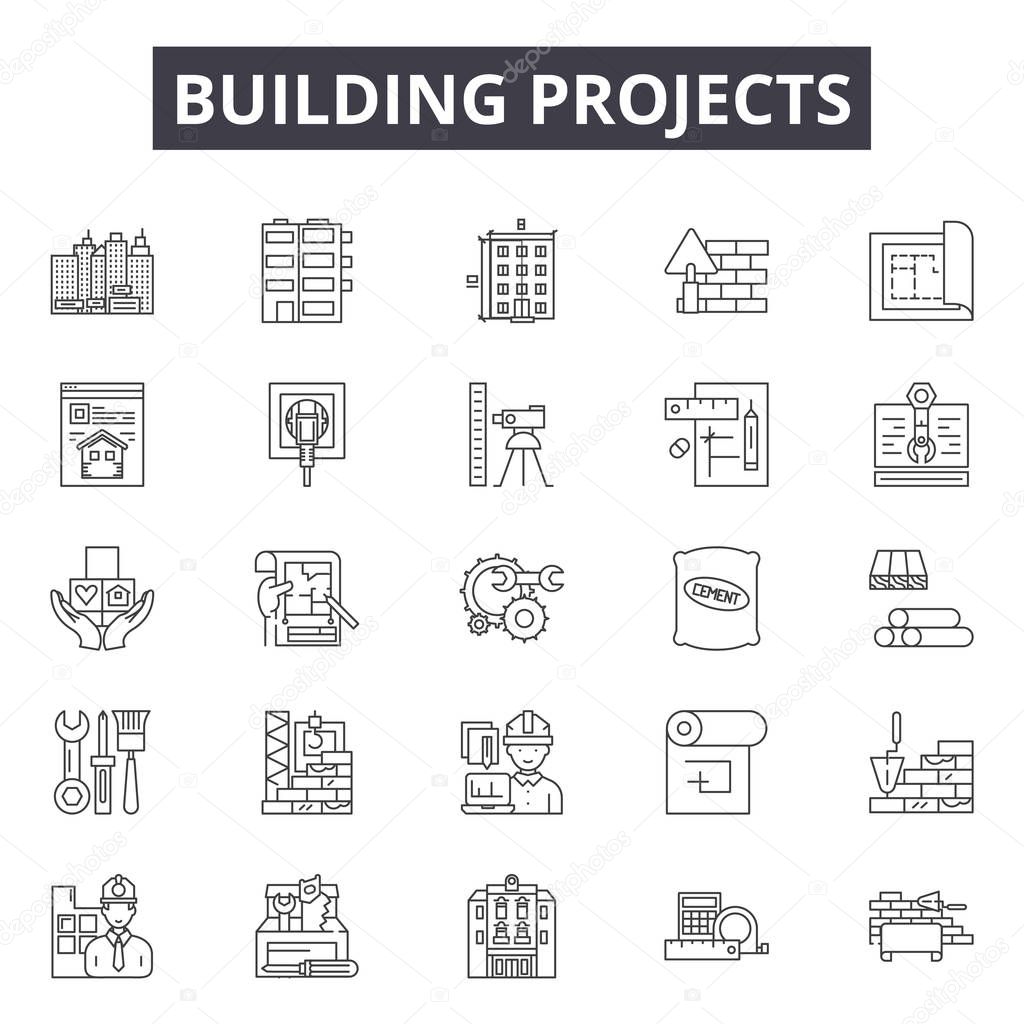 Building projects line icons, signs set, vector. Building projects outline concept, illustration: project,construction,building,architecture,house,engineering,design