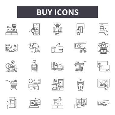 Satır simgeleri, işaretler seti, vektör satın alın. Anahat konsepti, illüstrasyon satın al: iş, satın alma, mağaza, ticaret, alışveriş