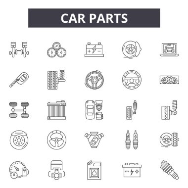 Araba parçaları çizgi simgeleri, işaretler seti, vektör. Araba parçaları anahat kavramı, illüstrasyon: otomobil, araba, yağ, motor, onarım, tekerlek, servis, pil