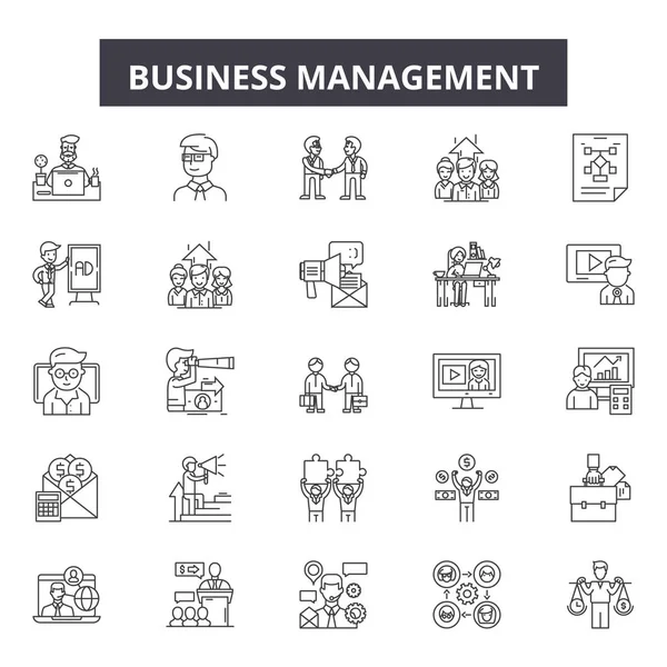 Iconos de línea de gestión empresarial, conjunto de signos, vector. Concepto de esquema de gestión empresarial, ilustración: negocio, gestión, estrategia, éxito, finanzas — Vector de stock