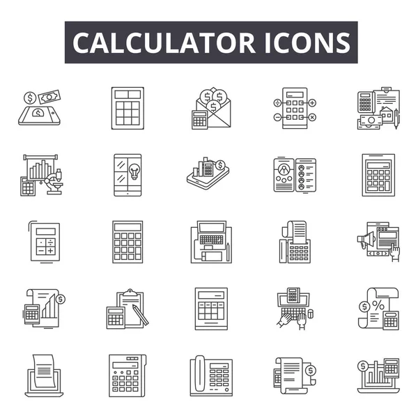 Icônes de ligne de calculatrice, ensemble de signes, vecteur. Calculatrice esquisse concept, illustration : calculatrice, entreprise, finance, mathématiques, comptabilité, financière, symbole — Image vectorielle