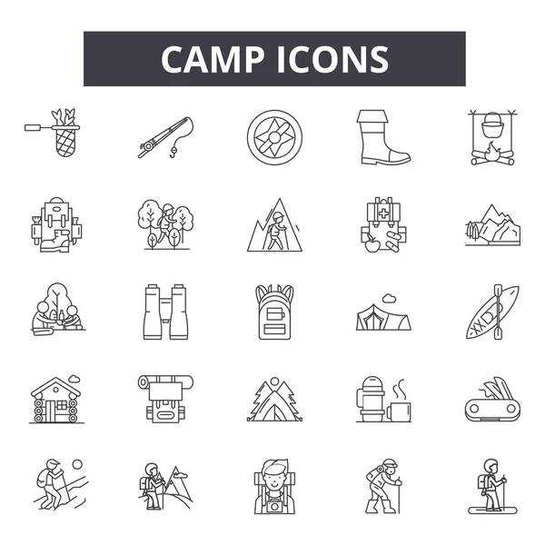 Kamp lijn iconen, borden set, Vector. Camp outline concept, illustratie: kamp, rugzak, tent, berg, buiten, kompas — Stockvector