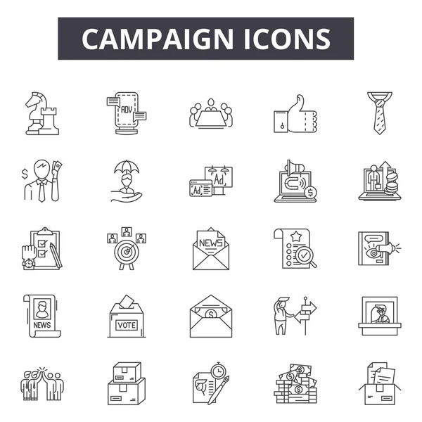 Iconos de línea de campaña, signos establecidos, vector. Concepto de esquema de campaña, ilustración: campaña, marketing, medios de comunicación, estrategia, internet, negocios, web, megáfono — Vector de stock