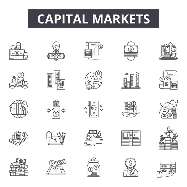 Mercado de capitais ícones de linha, conjunto de sinais, vetor. Os mercados de capitais delineiam o conceito, ilustração: negócio, capital, dinheiro, mercado, finanças, estoque, investimento —  Vetores de Stock