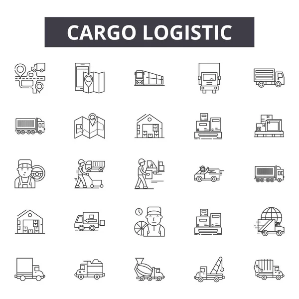 Ícones de linha logística de carga, conjunto de sinais, vetor. Conceito de esboço logístico de carga, ilustração: transporte, carga, pacote, transporte, caixa, serviço, navio, entrega —  Vetores de Stock