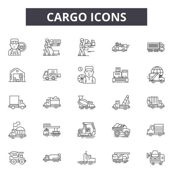 Iconos de línea de carga, signos establecidos, vector. Concepto de esquema de carga, ilustración: carga, contenedor, envío, transporte, entrega, caja, avión, nave, paquete — Vector de stock