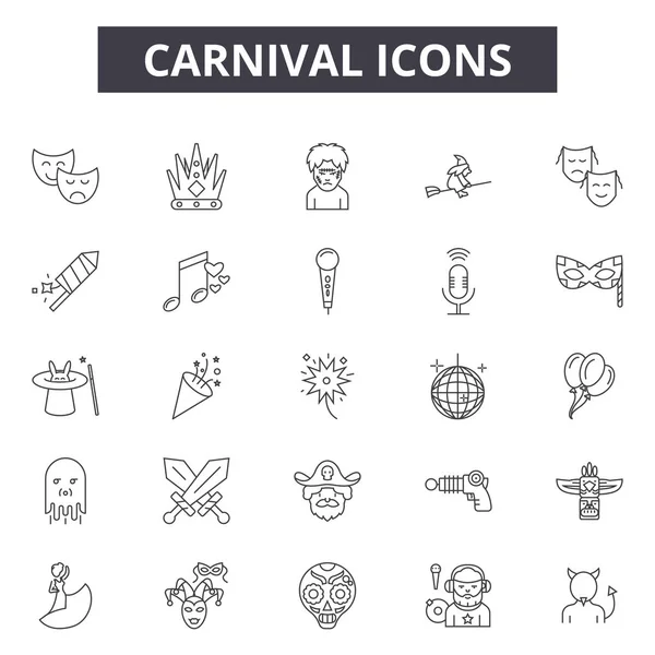 Carnaval lijn iconen, tekenen set, Vector. Carnaval omtrek concept, illustratie: carnaval, feest, demask, vermaak, plezier, vakantie — Stockvector