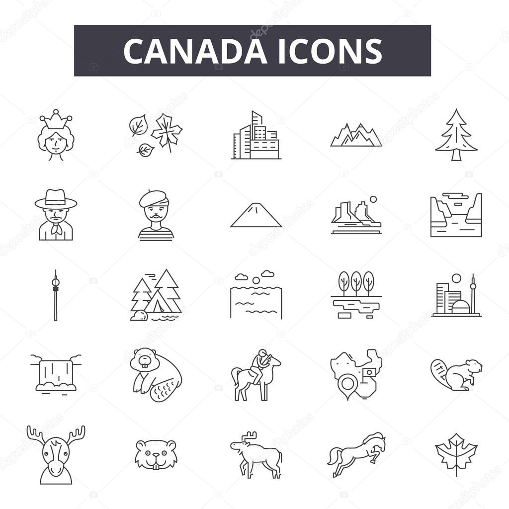 Canada line icons, signs set, vector. Canada outline concept, illustration: canada,maple,flag,isolated,canadian,leaf