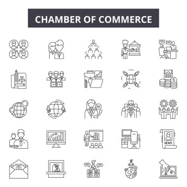 Ticaret odaları çizgi simgeleri, işaretler seti, vektör. Ticaret odaları anahat kavramı, illüstrasyon: ticaret, oda, iş, konsept, ticaret odası, deoffice tasarım